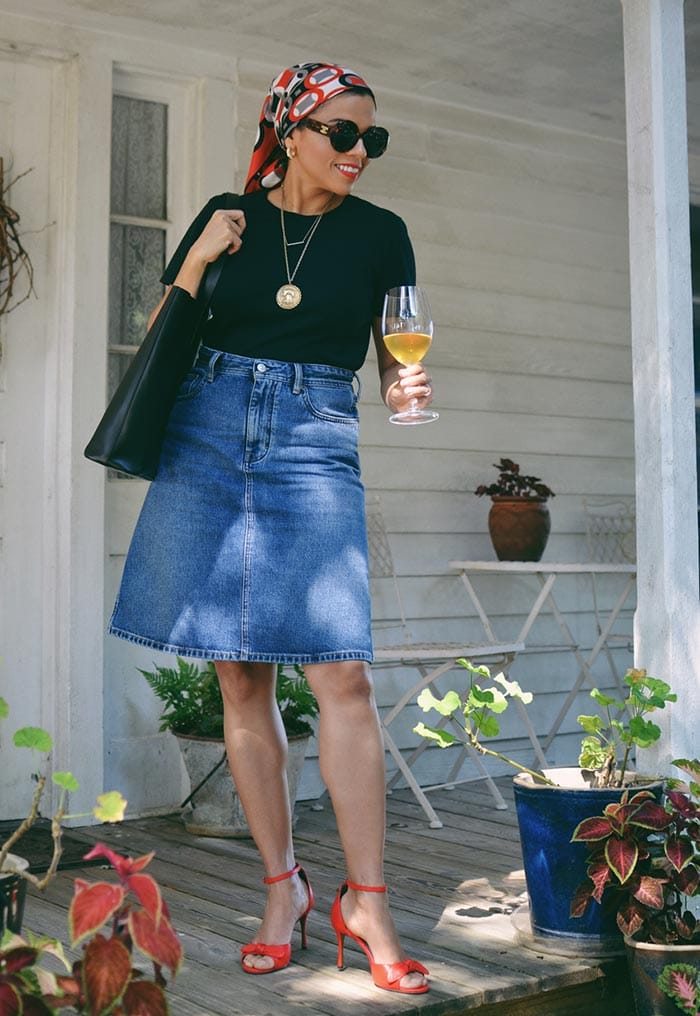 Wearing a denim skirt for a night out | 40plusstyle.com