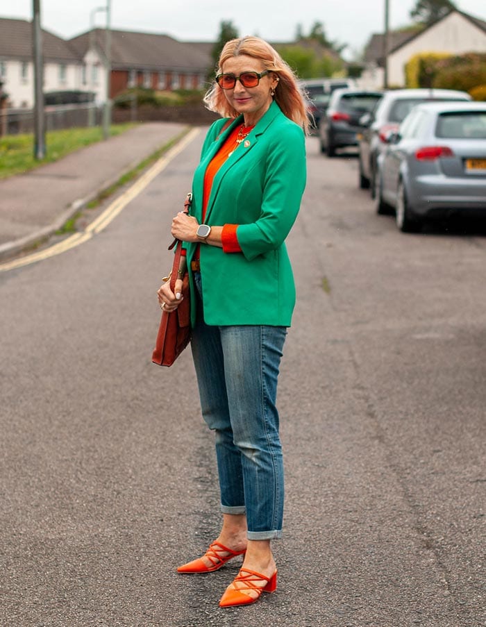 Catherine wearing green and orange | 40plusstyle.com