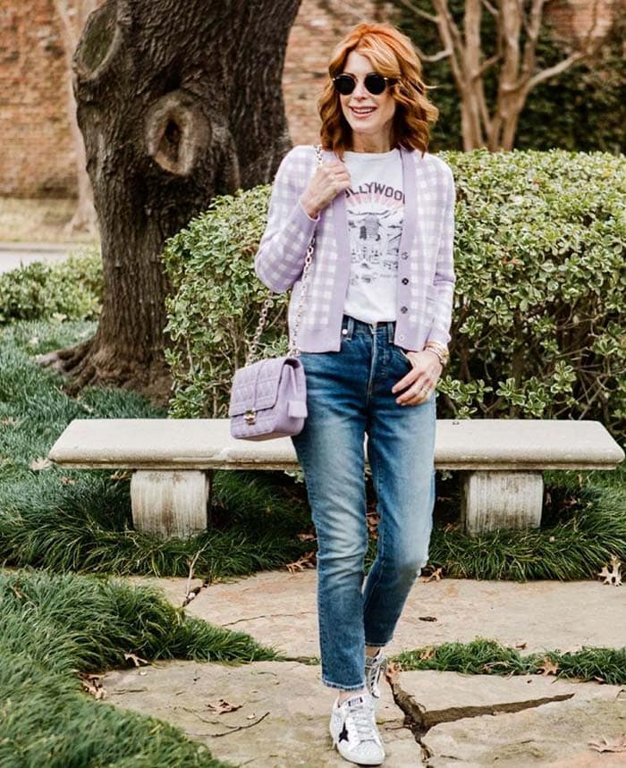 Cathy in a short checked cardigan and jeans | 40plusstyle.com