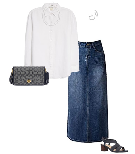 Denim skirt and white shirt outfit | 40plusstyle.com