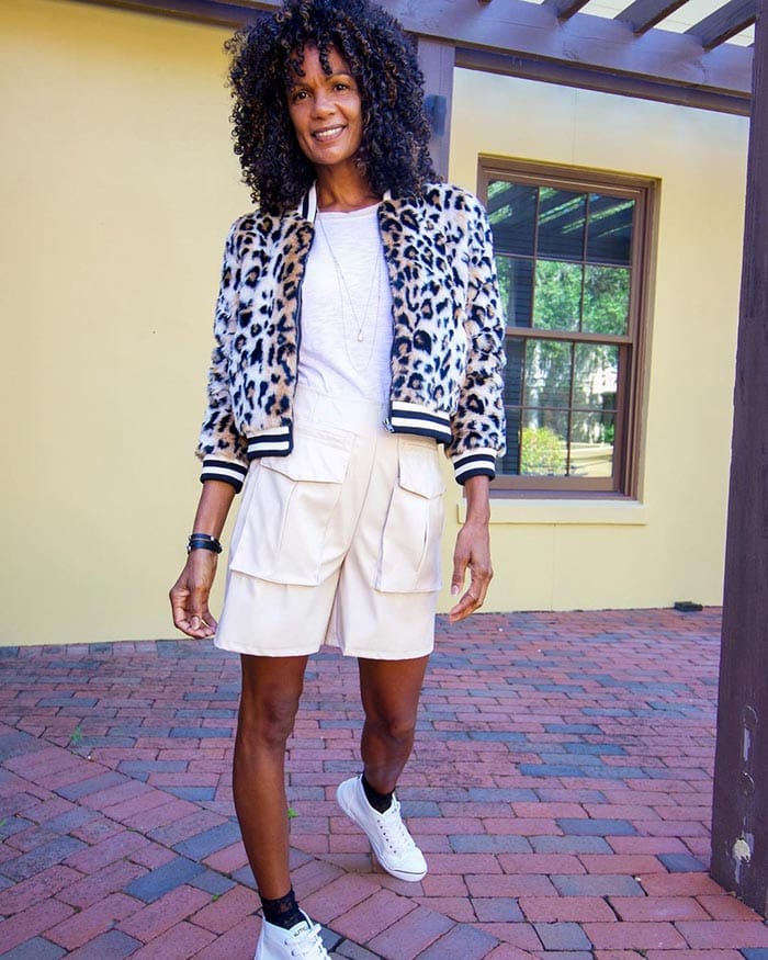 Diane in a leopard print bomber jacket | 40plusstyle.com