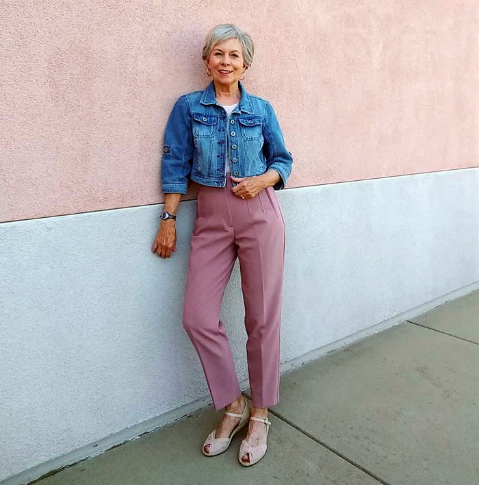 Eileen in a denim jacket and pink pants | 40plusstyle.com