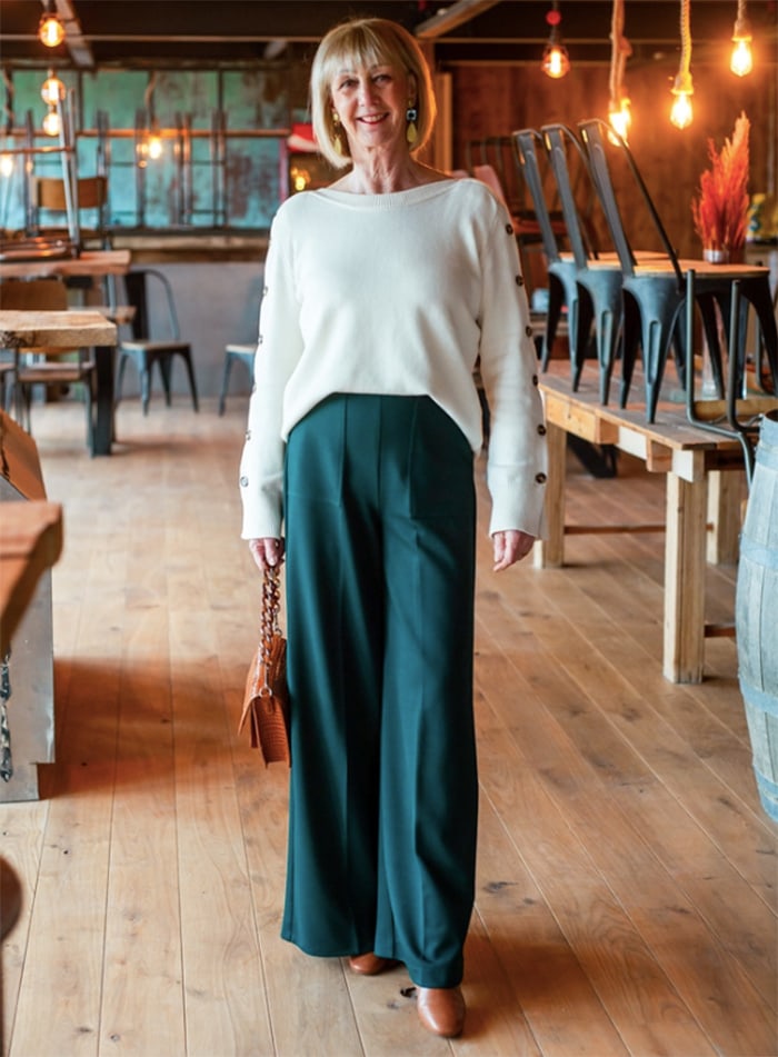 Greetje no_fear_of_fashion in cream jumper and wide leg pants | 40plusstyle.com