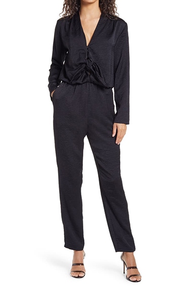 Fraiche by J Long Sleeve Tie Front Jumpsuit | 40plusstyle.com