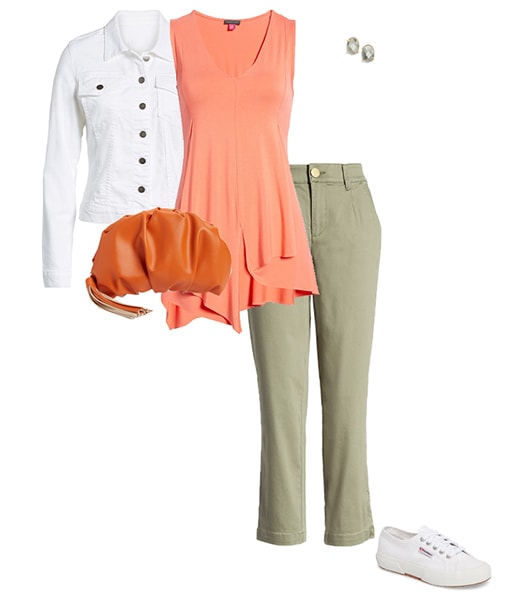 Orange with green outfit | 40plusstyle.com