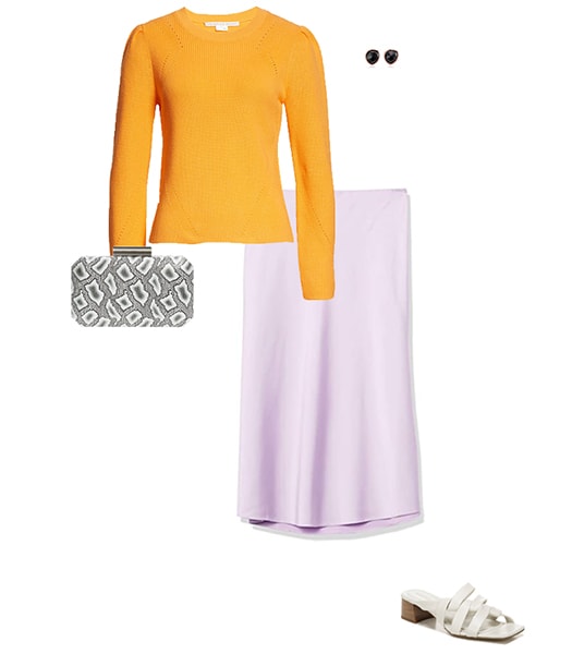 Orange sweater and purple skirt | 40plusstyle.com