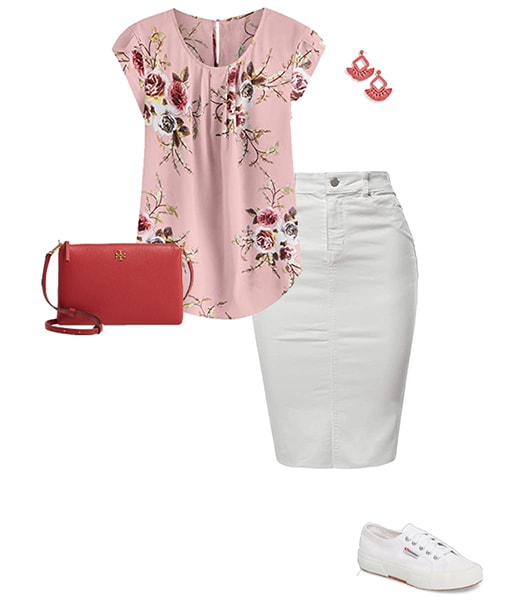 Pink blouse and denim skirt outfit | 40plusstyle.com