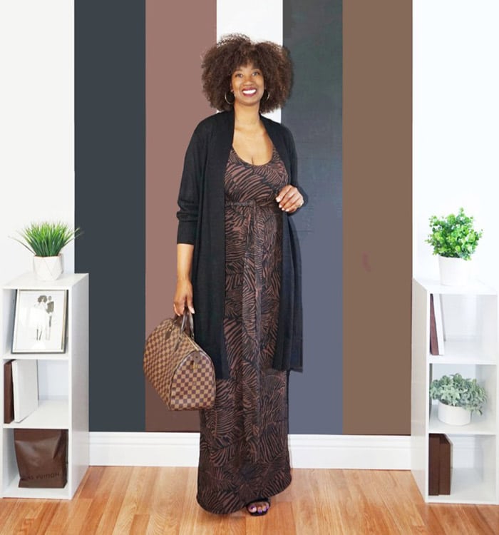 Tanasha wears a leopard print dress and black cardigan | 40plusstyle.com