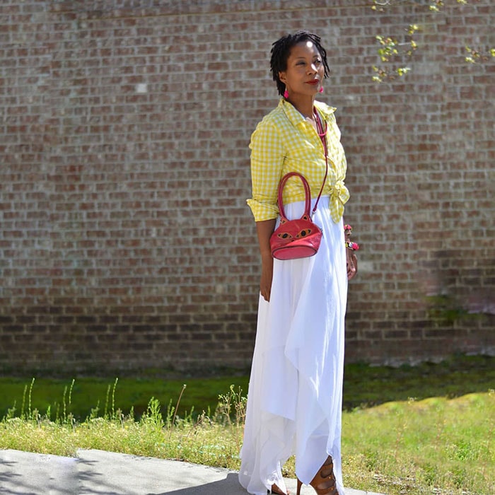 How to wear a maxi dress - Troy in a long white dress and knotted shirt | 40plusstyle.com