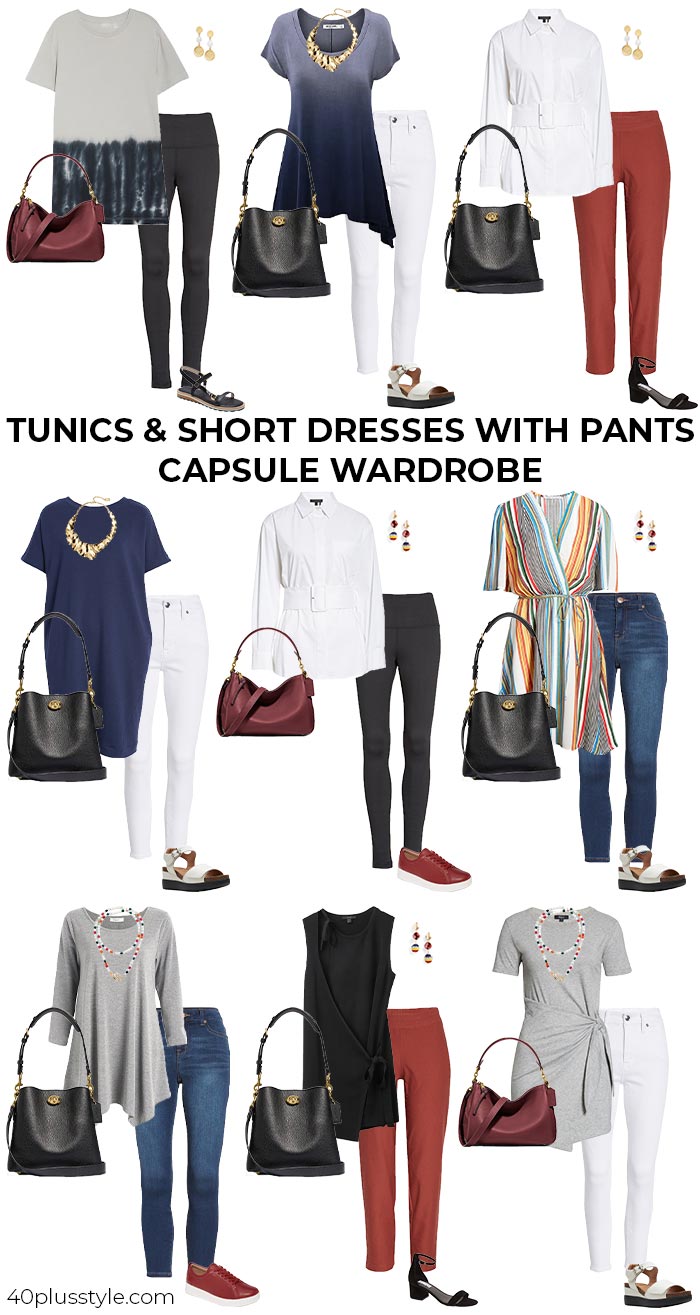 A capsule wardrobe on how to wear tunics or short dresses over pants | 40plusstyle.com