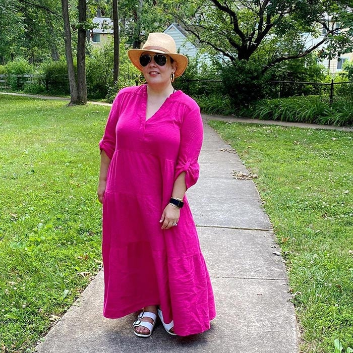 What to wear on a boat - Alison in a pink dress and sandals | 40plusstyle.com