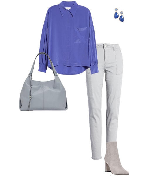 Outfit combining gray with blue | 40plusstyle.com