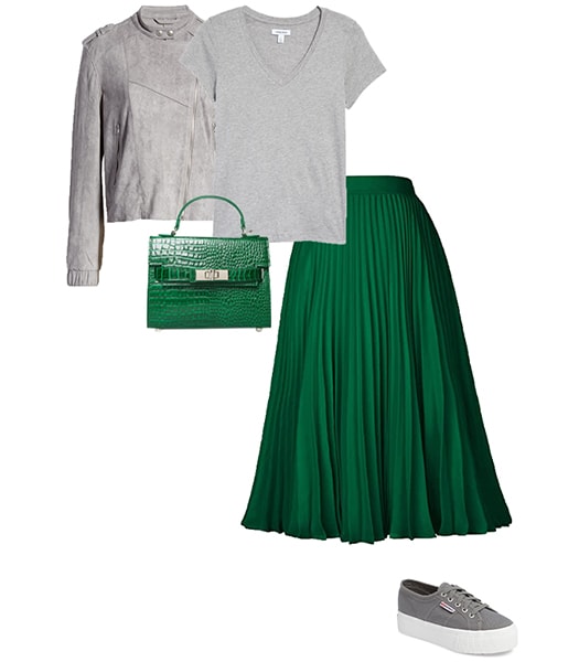 Outfit combining gray with green | 40plusstyle.com