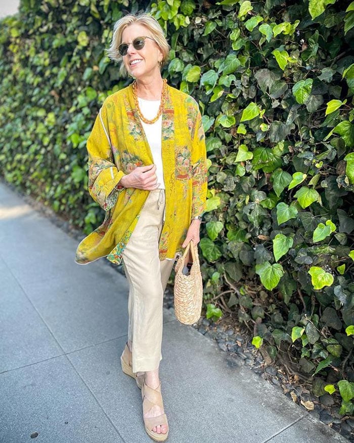 Susan in printed cardigan and pants | 40plusstyle.com