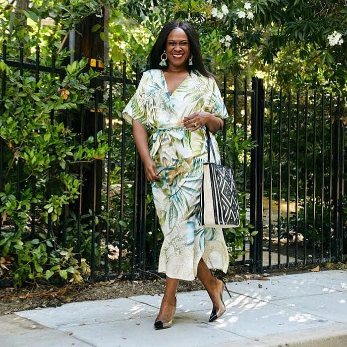 Dressing if you have a large bust - Julie in a wrap dress | 40plusstyle.com
