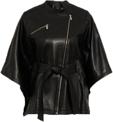 Karen Millen leather belted biker cape | 40plusstyle.com
