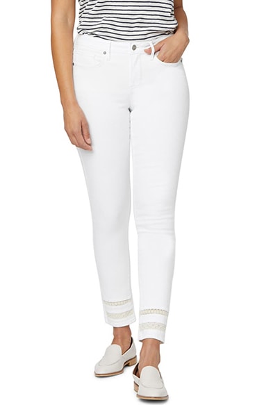 NYDJ high waist lace inset skinny jeans | 40plusstyle.com