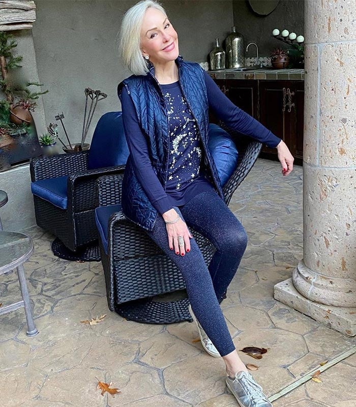 Sheree in a casual navy blue outfit | 40plusstyle.com