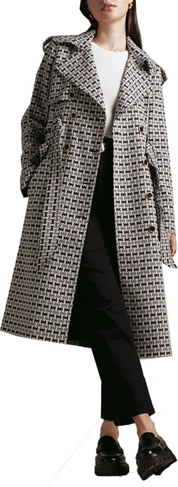 Karen Millen geo stretch jacquard trench coat | 40plusstyle.com
