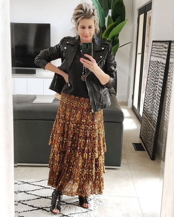 leather jackets for women - Suzie wears a leather jacket with her maxi skirt | 40plusstyle.com