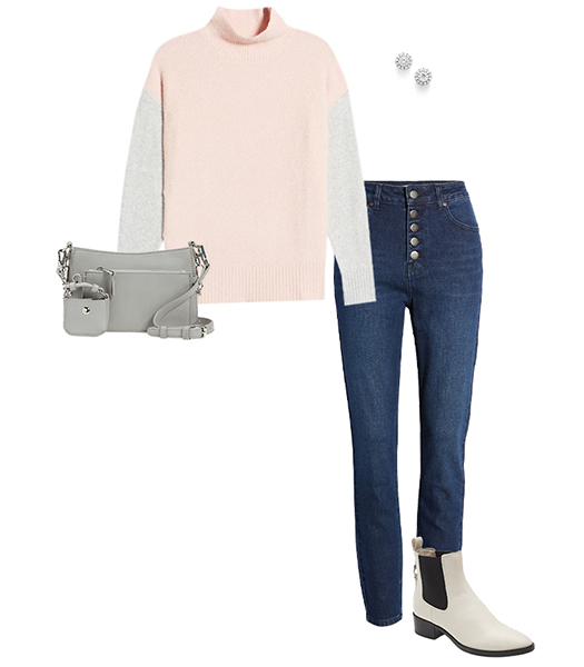 Colorblock sweater and jeans | 40plusstyle.com