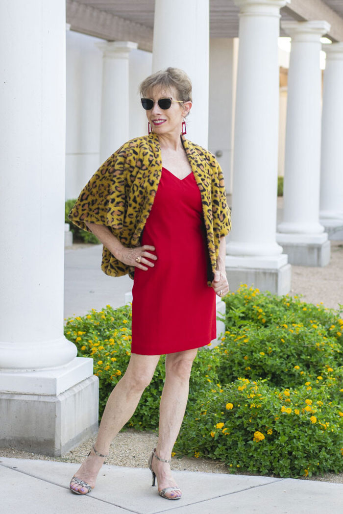 Style interview Jodie: red dress worn with leopard jacket and sandals | 40plusstyle.com