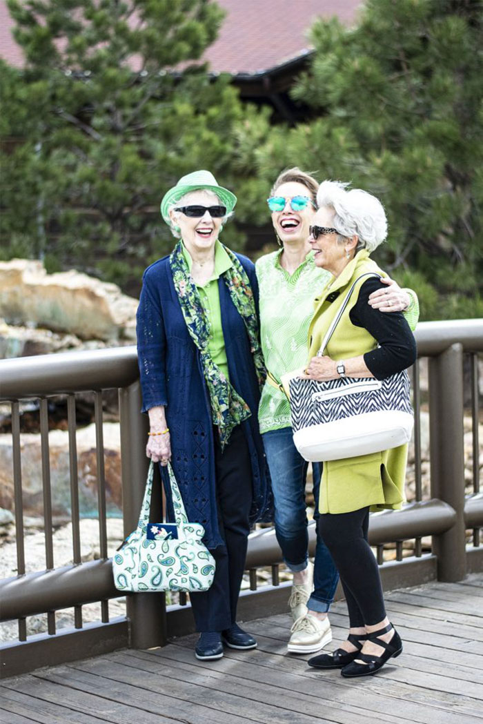 Jodie, Charlotte, Nancy in green fall outfits | 40plusstyle.com