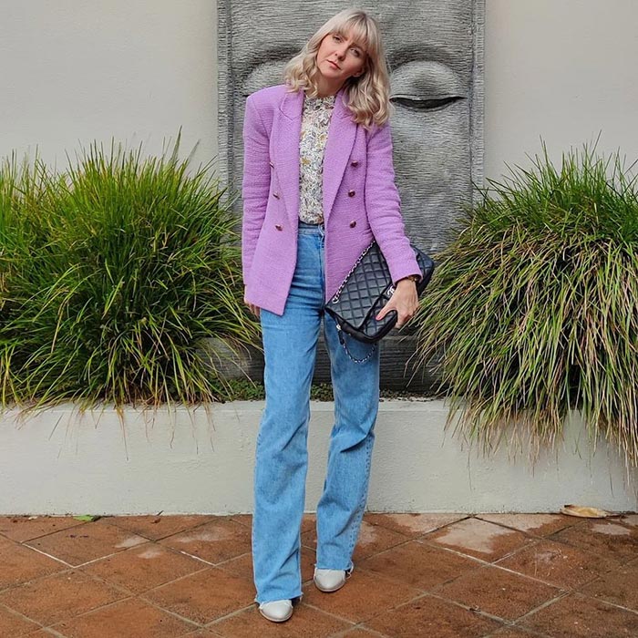 Melissa wears a purple blazer and jeans | 40plusstyle.com
