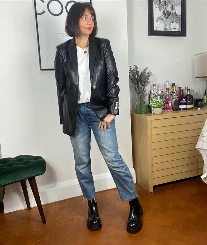 Nikki in a leather blazer | 40plusstyle.com