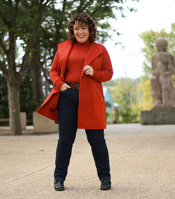 Alison wears a red coat and matching turtleneck | 40plusstyle.com