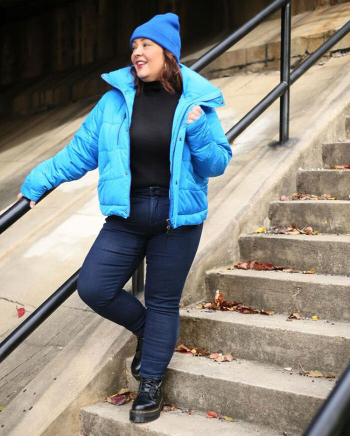 Casual winter outfits - Alison wears her jeans with a bright coat | 40plusstyle.com