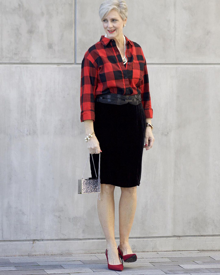 Thanksgiving outfits - Beth wears a plaid shirt and black skirt | 40plusstyle.com