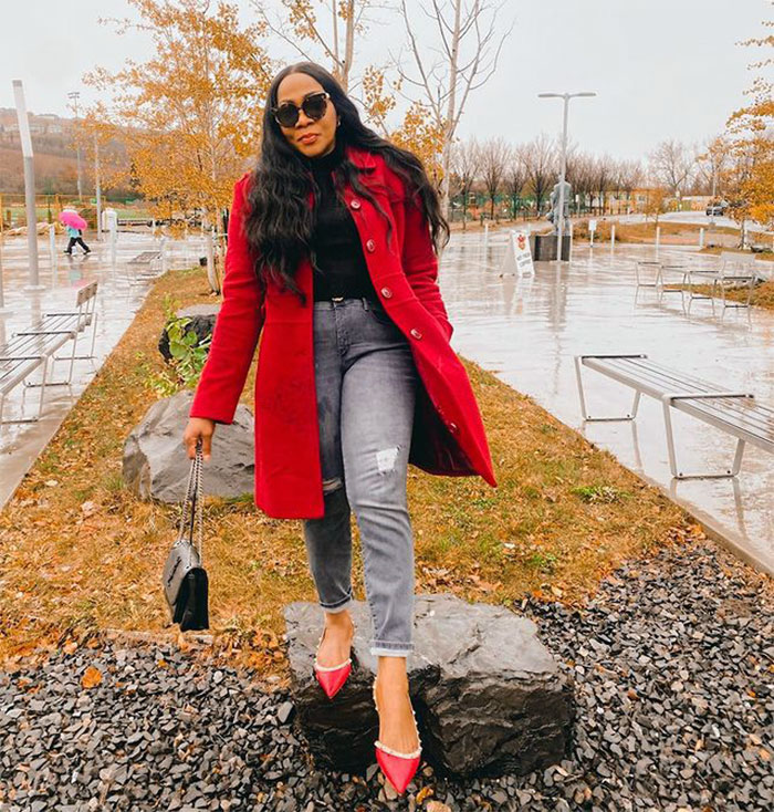Boma wear a red coat | 40plusstyle.com