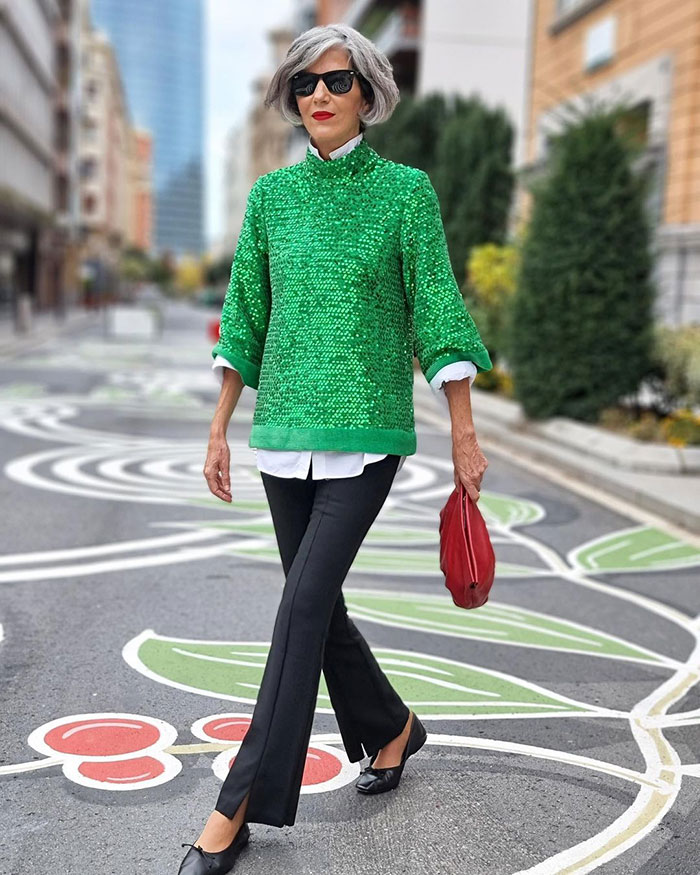 Carmen in a green sequin top | 40plusstyle.com