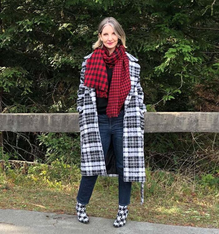 Casual winter outfits - Dawn Lucy wears a checked coat | 40plusstyle.com