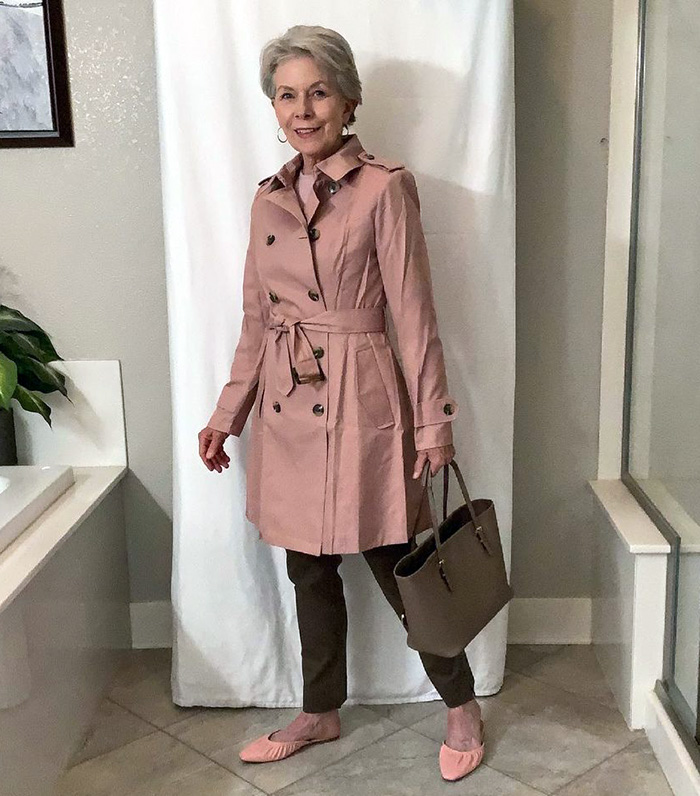 Thanksgiving outfits - Eileen wears a trench coat and matching mules | 40plusstyle.com