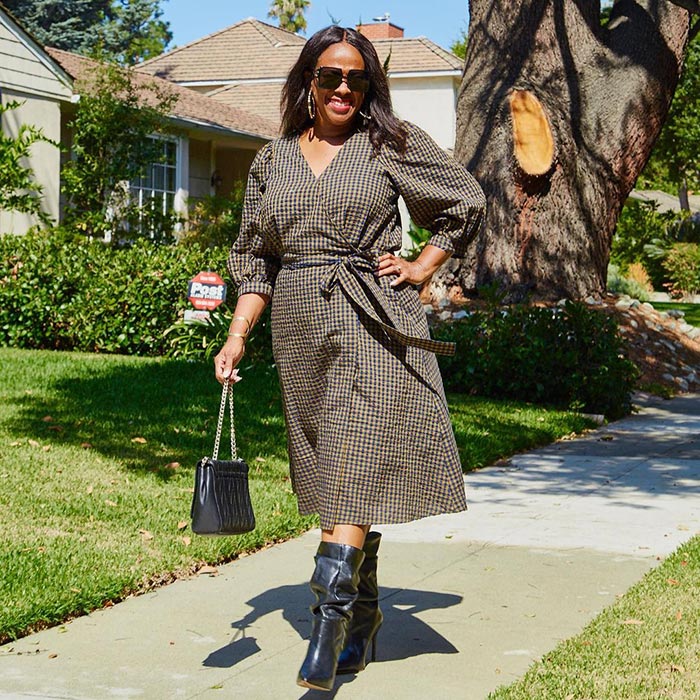 Winter date night outfits - Julie in a wrap dress and boots | 40plusstyle.com