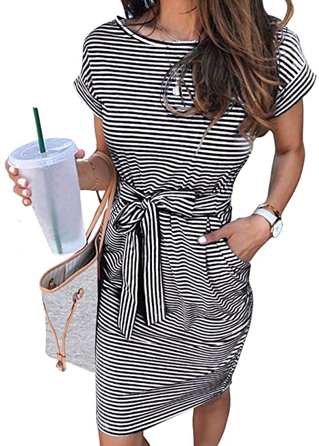 MEROKEETY Striped T Shirt Dress | 40plusstyle.com