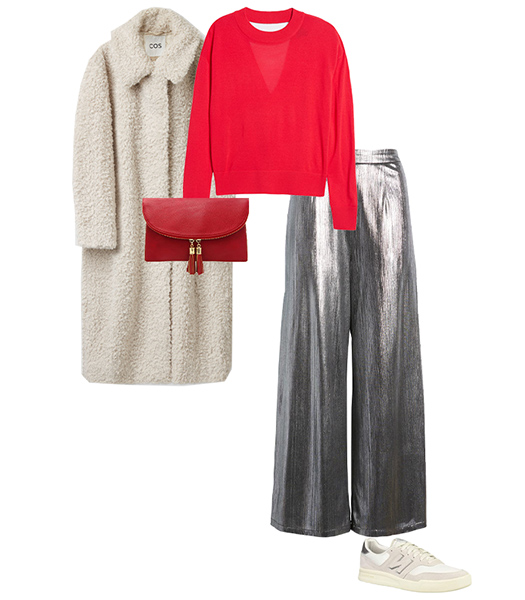 Metallic pants and a read sweater | 40plusstyle.com