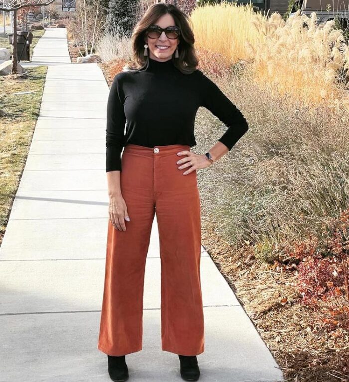 Clothes for older women - Ana in wide leg pants, mock neck top and booties | 40plusstyle.com