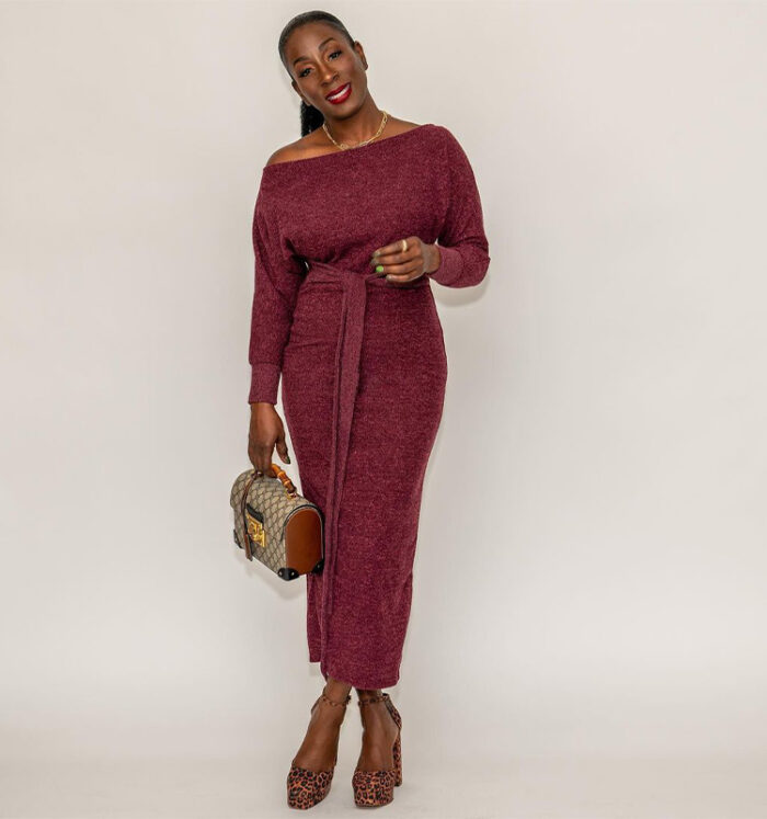 Angela in a sweater dress with sleeves | 40plusstyle.com