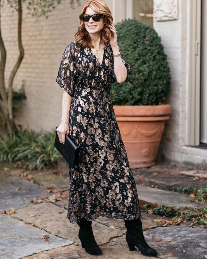 Cathy in a floral dress with sleeves | 40plusstyle.com