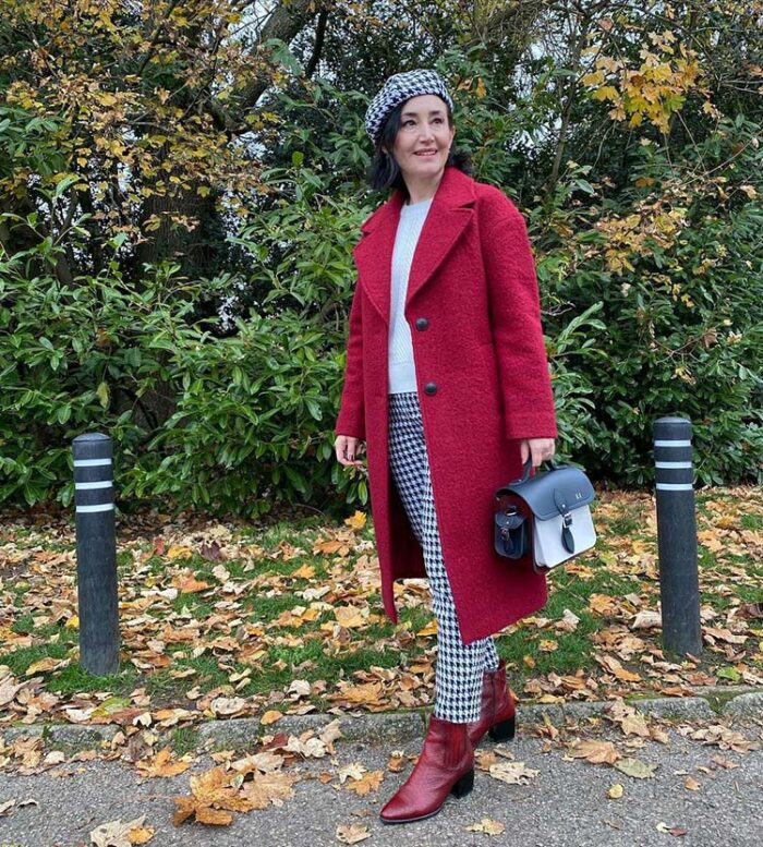 Clothes for older women - Emms in coat, boots and houndstooth pants and beret | 40plusstyle.com