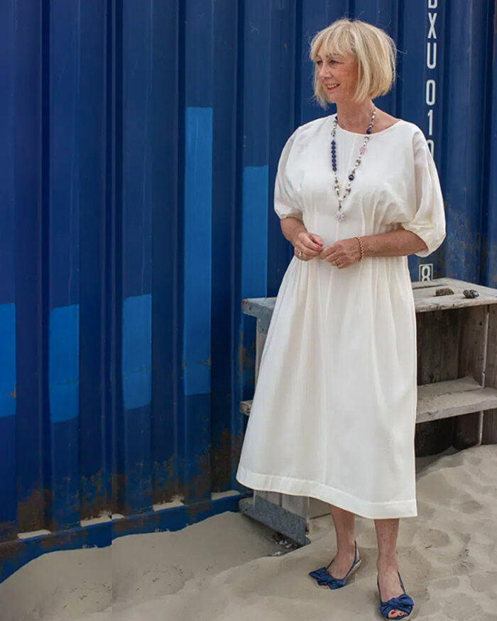 Clothes for older women - Greetje in a white sleeved midi dress | 40plusstyle.com