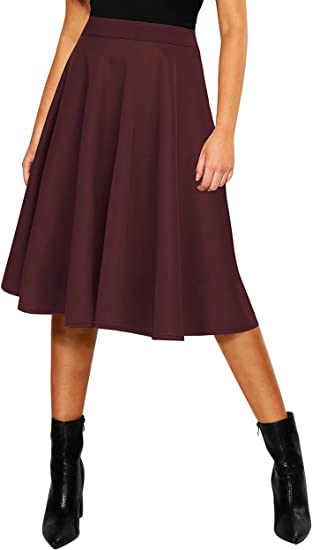 Urban CoCo Basic Elastic Waist A-line Solid Flared Midi Skirt | 40plusstyle.com