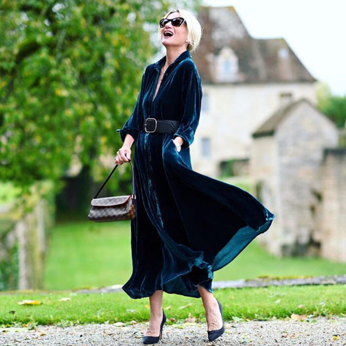 Yvonne in a velvet dress with sleeves | 40plusstyle.com