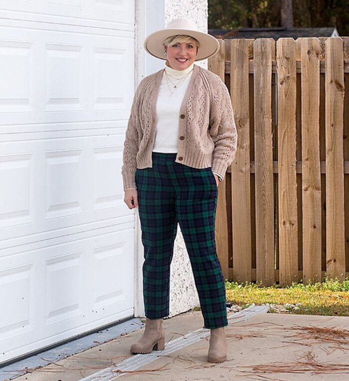 Plaid pants outfits - Fonda wears check pants and a cardigan | 40plusstyle.com