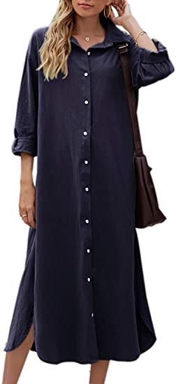 Sopliagon Cotton and Linen Maxi Shirt Dress  | 40plusstyle.com