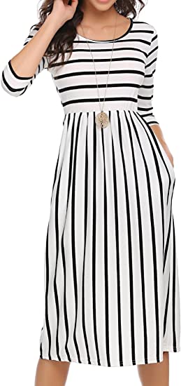Halife 3/4 Sleeve Stripe Elastic Waist Dress | 40plusstyle.com