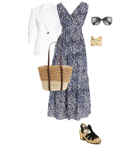 Spring outfit idea: blazer, midi dress, platform sandals and tote | 40plusstyle.com